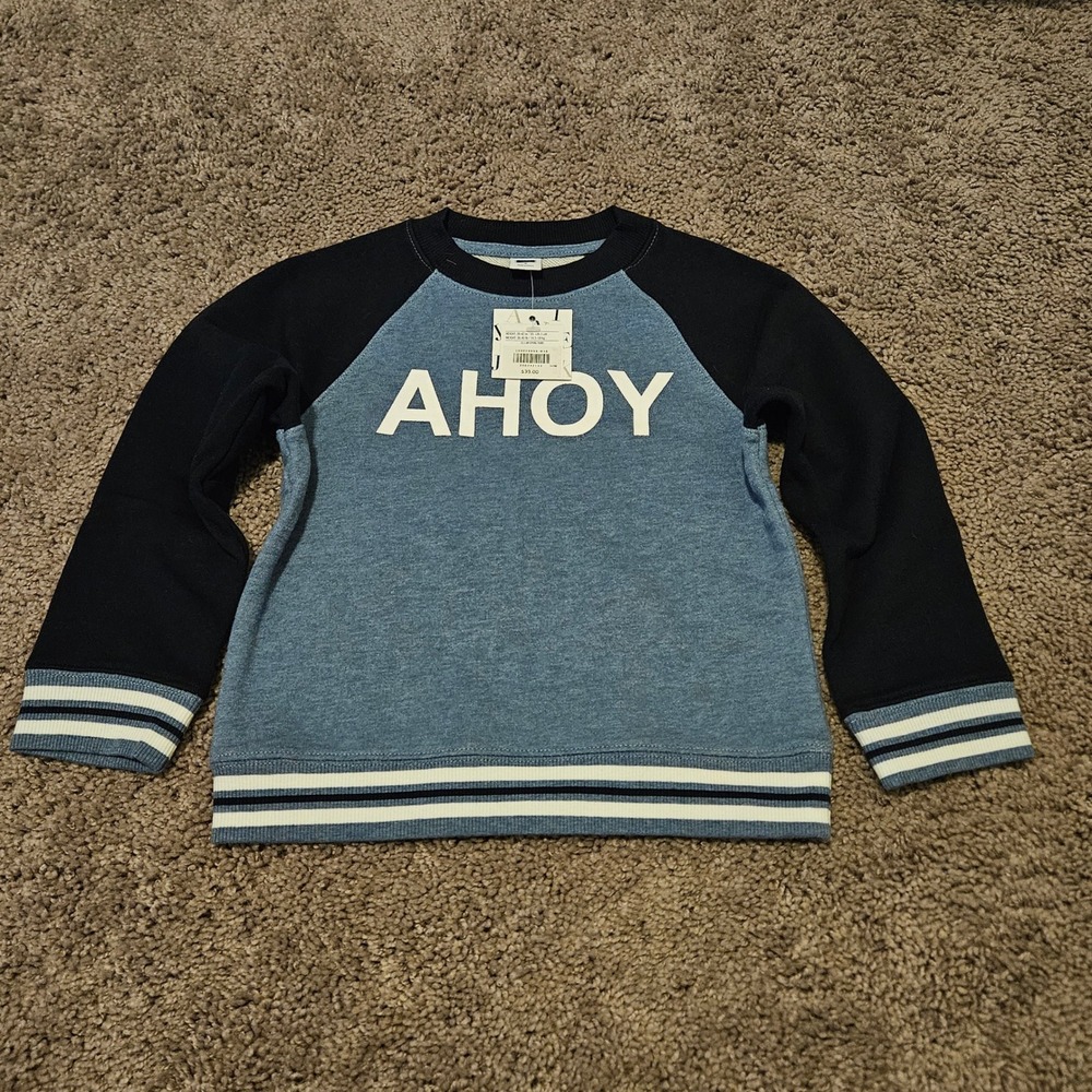 Janie and Jack Sweatshirt Kids 4 Blue NEW Ahoy Nautical Raglan Striped Trim
